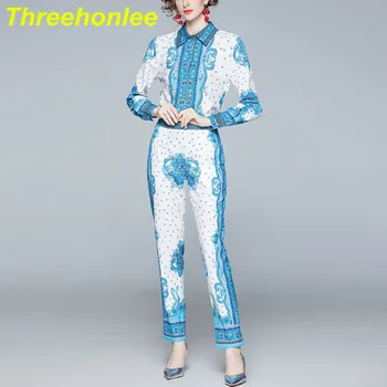 Pist Tasarım Moda Gömlek Pantolon Takım Elbise Bahar 2021 Sonbahar Yeni Mavi Baskı İnce Gömlek Bluz ve kalem pantolon İki parçalı set Kadın