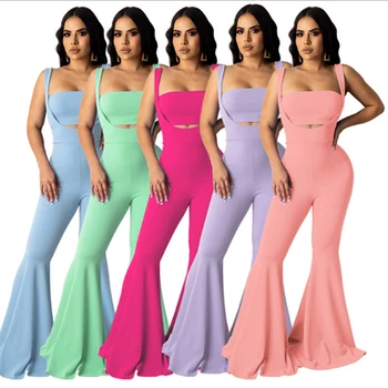 Yeni Varış Kadın Düz Renk Rahat Seksi 2 Parça Setleri Kolsuz Tüp Üst + Sling Flare Pantolon Sıska Moda Takım Elbise Streetwear