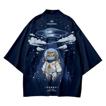 Yaz Japon Rahat Kaplan Astronot Baskı Kimono Erkekler Ceket Üst Bluz Gevşek Kimono Moda Ceket Ve Şort