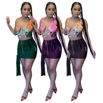 Batik Kadın Etek Seti Bandaj Kırpma Üst Bodycon Mini Etek Eşleştirme Seti Seksi Gece Kulübü Parti 2 Parça Set 2021 yaz kıyafetleri