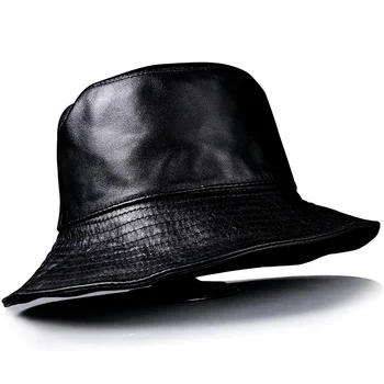 Sonbahar Kış Balıkçı Şapka Erkekler İçin Yaşlı Hakiki Deri Açık Vahşi Büyük Ağız İnce Havza Kapaklar Hombre Gömme Siyah Fischerhut