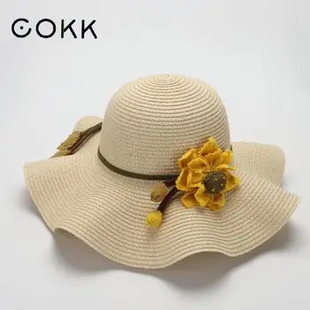 COKK yazlık hasır şapka Kadın Geniş Ağız Güneş Koruma Çiçek plaj şapkası Kadın Disket Katlanabilir güneş şapkaları Kadınlar Bayanlar ıçin Gorro