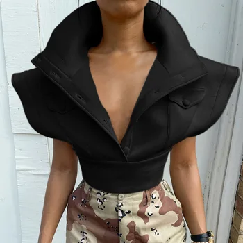 Güz Yeni Stil 2021 Katı Siyah kadın Moda Stand-Up Yaka Üst Hava Tabakası Kalın Sinek Kollu kapitone ceket Kabarcık Ceket
