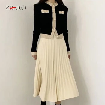 Sonbahar Kış Moda 2 Adet Set Kıyafetler Kadın İnci Düğmeler Uzun Kollu Kısa Hırka Ceket Üst + Yüksek Bel Pilili Etek Takım Elbise