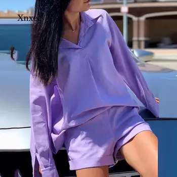 Yaz Düz Rahat kadın Düz Renk Uzun Kollu Gömlek Şort Takım Elbise Streetwear İki Parçalı Kadın Gevşek Cep Takım Elbise