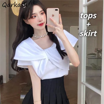 Setleri Kadınlar Güzel Yaz Katı Casual Bluzlar Tatlı Tarzı Kore Şık Pilili Mini Etek Tüm Maç Kadın Moda Kızlık 2 adet