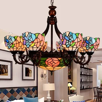 Tiffany Eti Ülke Çiçekler Vitray Asma Armatür E27 110-240V Zincir Kolye ışıkları Ev Salonu Yemek Odası
