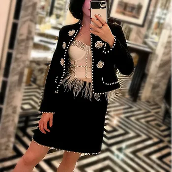 Lüks Sonbahar Kış Tüvit Takım Elbise Seti kadın Siyah Parlak Sequins İnciler Boncuklu Palto Üstleri Ve İnce Zarif Etek Takım Elbise Seti NS552