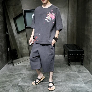 Japon Tarzı Giyim Yaz Seti Samurai erkek tişörtü Pantolon Keten Nefes Çin Takım Elbise Kimono Üst Kırpılmış Pantolon Kıyafet