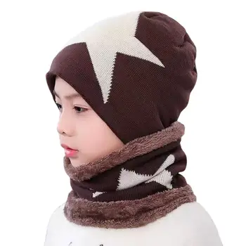 Hafif Örme Şapka Atkısı Cilt-Dokunmatik Coldproof Şık Sevimli Çocuk Yıldız Baskı Polar Astarlı Şapka Eşarp Set