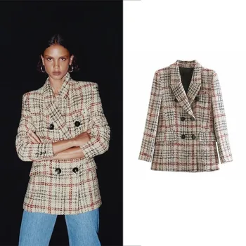 2021 Tüvit Ekose Blazer Takım Elbise Moda Kontrast Renkler Orta Uzunlukta Palto Kadınlar Casual Basit Ofis Blazer Casual Commute Giyim