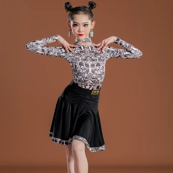 Baskı Balo Salonu Uygulama Giyim Kız Latin Etek Seti Sahne Kostüm Uzun Kollu Samba Tango Giyim Salsa Giyim DL9093