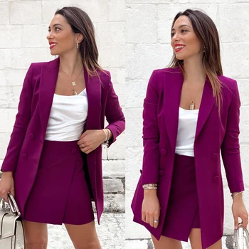 Seksi Mor Kadın Takım Elbise Uzun Kollu Kruvaze Blazer Parti Balo Zarif Ofis Bayan Moda 2 Parça Set