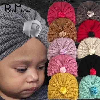 Powmuco 16 * 14 CM Güzel Bebek Kız Sonbahar ve Kış Sıcak Kapaklar El Yapımı Gül Çiçek Çocuk Bere Şapka Tatlı saç aksesuarları