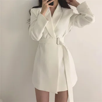Sashes Beyaz Siyah kadın Takım Elbise Bayan Moda Blazers Sonbahar Bahar İnce Kore Tarzı Orta Uzunlukta Rahat Pamuklu Kadın Ceket