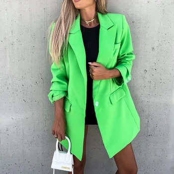 Ofis Bayanlar Hırka Yeşil Blazer Blazer Sonbahar 2021 Uzun Kollu Rahat Zarif Ceket Yatak Açma Yaka OL Yeni Kadın Midi Blazer