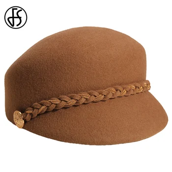 FS İngiliz Vintage Yün Binicilik Şapka Ile Kadınlar Için Altın Zincir Doruğa Kap Bayan Sonbahar Kış Muhtasar Moda Şövalye Fedoras