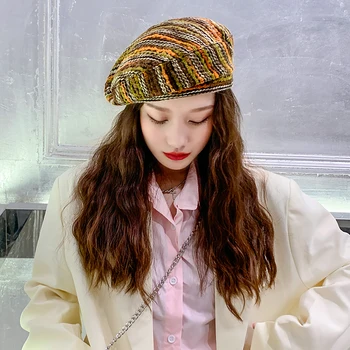 Fransız Tasarımcı Bere Şapka Kadınlar için Bohemian Baret Kap Bayanlar Kış Batik Çizgili Retro Yenilik Ressam Sekizgen Şapkalar