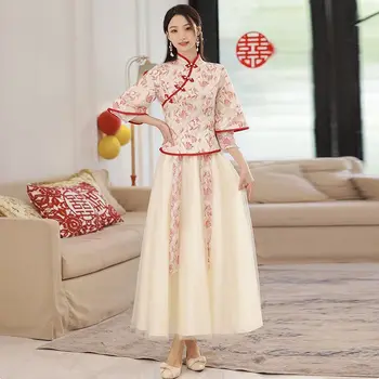 Çin Nedime Elbisesi 2023 Yeni Vintage Çin Tarzı Büyük Düğün Kardeş Elbise Nedime Grup Elbise kadın Sonbahar