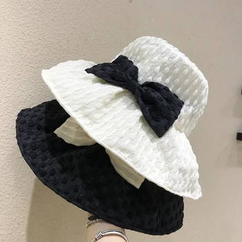 Kadın Yay Kova Şapka 2022 Yaz Moda Kpop Bob Pamuk Siyah Plaj güneş şapkaları Katlanabilir Geniş Ağızlı Anti-UV balıkçılık şapkası