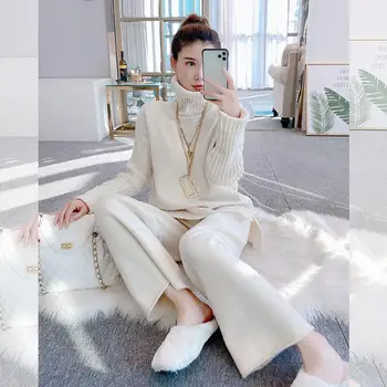 Kadınlar 2021 Sonbahar Kış Setleri Yeni Balıkçı Yaka Kazak ve Elastik Bel pantolon Rahat Takım Elbise Kadın Düz Örme 2 Adet Set I72
