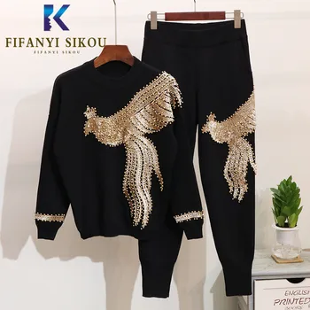 2020 Sonbahar Kış Kadın Örme Eşofman 2 parça Set Sequins Phoenix Kazak Örgü Pantolon Siyah Seti Yüksek kaliteli İki Parçalı Set