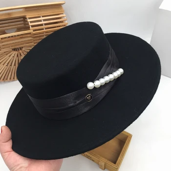 Fedora kadın İngiliz sosyetik qiu dong antik yollar geri panama baskı siyah yün şapka düz keçe fötr şapka fedors