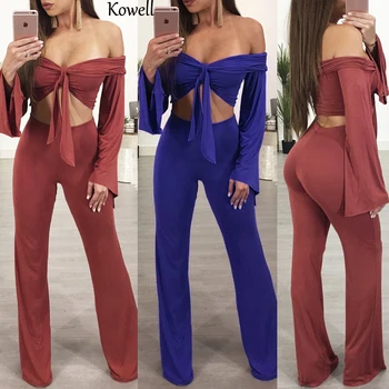2020 Yeni Stil Sonbahar Kadınlar Seksi Takım Elbise Spandex Malzeme Uzun Kollu Backless Straplez Yüksek Bel Geniş Bacak Pantolon Takım Elbise