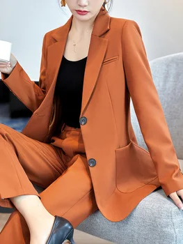 Pembe Kadın Pantolon ve Ceketler ile Pantsuits Sonbahar Kış Uzun Kollu İş İş Giyim OL Tarzı Blazer Set resmi Zarif Kat 