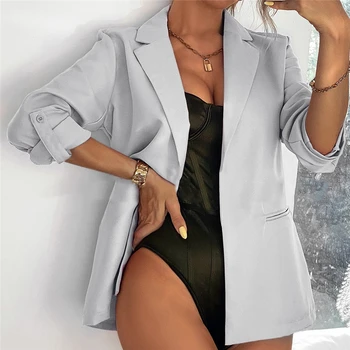 Moda Bayan Blazer Casual Uzun Kollu Turn Down Yaka Ofis Kadın Ceket Dış Giyim Sonbahar Kadın Düz Renk Blazer
