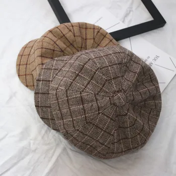 Vintage Ekose Sekizgen Şapkalar Bayanlar Bahar Gezileri Gazeteci Kapaklar Sonbahar Kış Moda Çok Yönlü Ekose Bere Ressamın Şapkaları