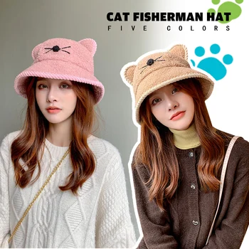 Sevimli Kediler Şapka Katı Yapay Kürk Sıcak Kadın Faux Kürk Kış Kova Şapka Kadınlar İçin Açık Güneş Koruyucu güneş şapkası Panama Kapaklar