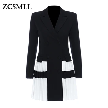 ZCSMLL Kadınlar Siyah Kontrast Renk Pilili Blazer Yeni Yaka Uzun Kollu Gevşek Fit Ceket Moda Gelgit Bahar Sonbahar 2021