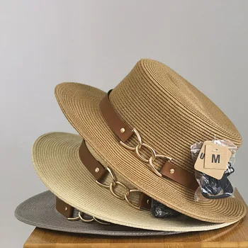 Geniş Kenarlı Hasır Şapka Kadınlar için güneş şapkası Altın Zincir PU deri Hasır plaj şapkaları Bayanlar Yaz Şapka Düz Kuntucky Derby Chuch Şapka
