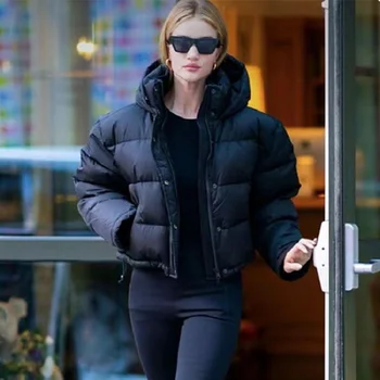 Kadın Siyah aşağı ceket Kısa Kapşonlu Rüzgar Geçirmez Kalınlaşmak sıcak tutan kaban Kış Yeni Moda İpli Kirpi Ördek Aşağı Dış Giyim Tops