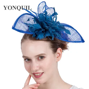 Açık Mavi Sinamay Fascinators saç tokası Tüy Derby Şapkalar Kadınlar Durum kilise şapkaları Gelin Düğün saç aksesuarları