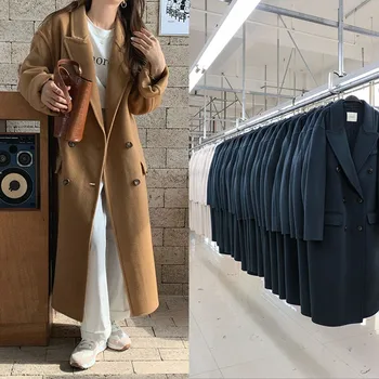 Kore 2021 Kış El Yapımı Cep Kapak Kruvaze Gevşek Uzun %100 % Yün Ceket Kadın Rahat Yün Büyük Boy Palto