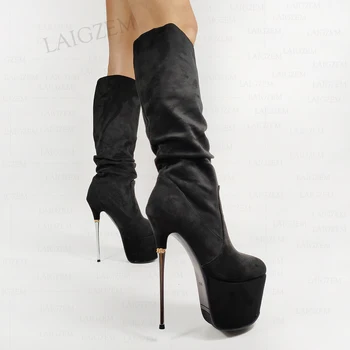LAIGZEM Kadın Diz Yüksek Çizmeler Platformu Faux Süet 16 CM Metal Stiletto Topuklu Uzun Çizmeler platform ayakkabılar Kadın Büyük Boy 33 39 42 43