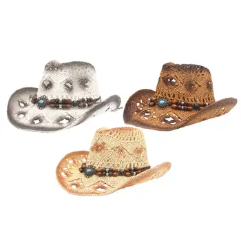 Hasır kovboy şapkası Shapeable Roll up Ağız kovboy şapkası Vintage Cowgirl Şapka Kadın Erkek Parti Güneş Koruma Seyahat Yaz Açık