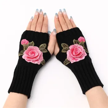 2022 Yeni Sonbahar Kış kadın Kısa Moda İşlemeli Çiçek Eldiven Örme Yün Kollu Sıcak Eldivenler Parmaksız Eldiven Kadın