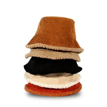 Kadın kadın düz renk sıcak sonbahar kış kova şapka kadife peluş şapka Panama kap