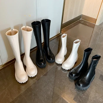 Kış Uzun Marka kadın Çizmeler Diz Yüksek Lüks Chelsea Tıknaz platform ayakkabılar Ytmtloy Fermuar Yuvarlak Ayak Botines De Mujer