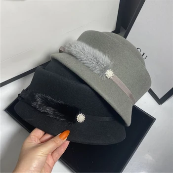 Yeni Avustralya Yün İngiliz Tarzı fötr şapkalar Kadınlar Bayanlar İçin Sıcak Zarif Havza Şapka İnci Dekorasyon Ressam Şapka silindir şapka Kemik