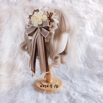 Tiramisu Sevimli El Yapımı Şapkalar Uzun Firkete Hairclip Hairgrips Lolita Dantel Çiçek Tatlı Kahve Muhteşem Hanamaru