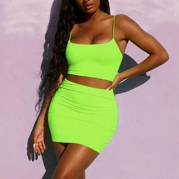 Sapanlar Seksi Camiş Etek 2 İki Parçalı Set 2022 Yaz Kadın Moda Neon Yeşil Turuncu Katı Parti Streetwear