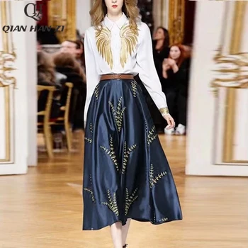 Qian Han Zi tasarımcı pist moda 2 parçalı set Uzun kollu altın işlemeli gömlek + Vintage baskı uzun etek Takım Elbise Kadın Yeni 2021