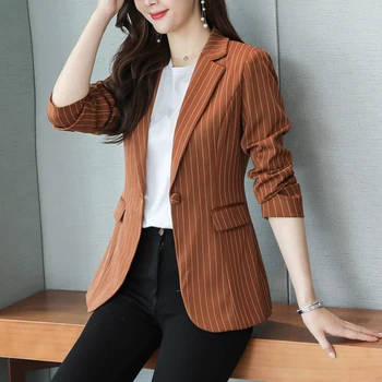 Kadın Şık Ofis Bayan Çizgili Blazer Vintage Basit İnce Ceket Moda Çentikli Yaka Uzun Kollu Kadın Giyim Şık Üstleri