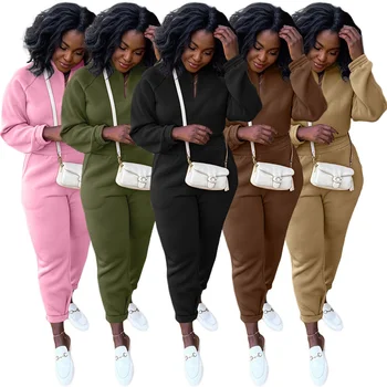 Sokak Giyim Kış Giysileri Kadın İki Parçalı Setleri Düz Renk Seksi V Boyun Uzun Kollu Üstleri Spor Pantolon Takım Elbise Toptan