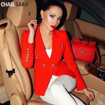 Yeni Moda 2019 Yeni Tasarımcı Kırmızı Blazer Ceket kadın Kruvaze Metal Aslan Düğme Blazer Feminino