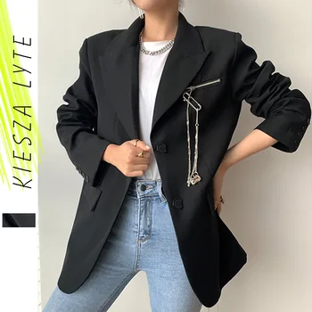 Pist Moda Siyah Ceket Blazer Gümüş Metal Zincir Uzun Kollu Rahat Trend Blazers Ceket Kadın Dış Giyim Bahar 2022